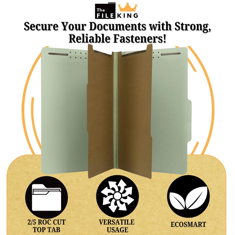 The File King Pressboard Classification Pale Green Partition File Folder | Legal Size - Box of 10 | Two Dividers | Six 2â€ Durable Fastener Prongs | 2/5 Cut Top Tab | 2â€ Expansion - Image 3